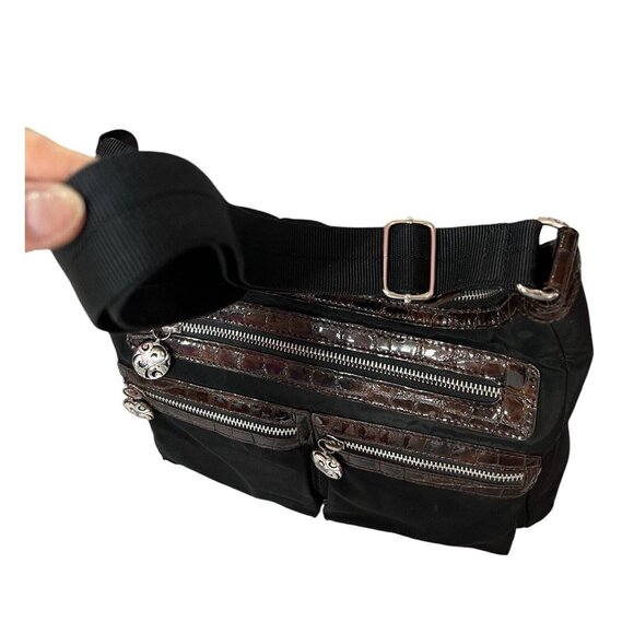 Brighton Crossbody Bag Black Nylon Brown Croc Patent Leather Pockets - Picture 9 of 16